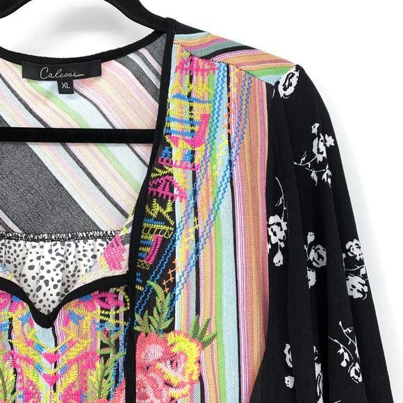 SOLD Calessa Boho Patterned Long Sleeve Top Womens Size XL Multicolor Tie Neck - Picture 4 of 7